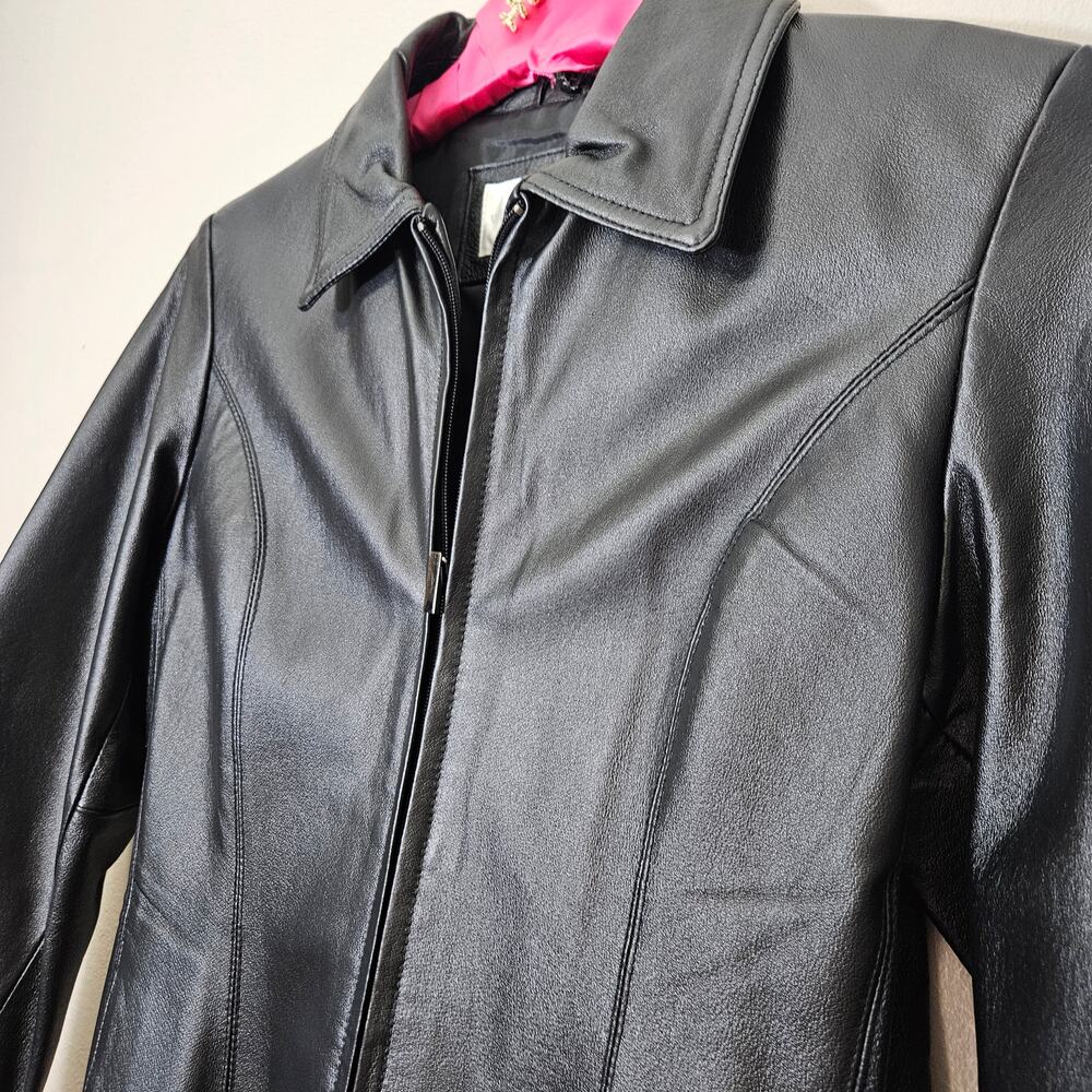 VTG 90s Worthington Black Leather Jacket Petite Sm FullZip Y2K Matrix Minimalist